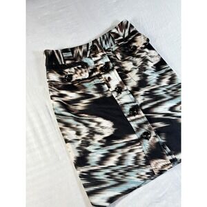 Etcetera Womens‎ Abstract Ikat Print Button Front Mini Skirt Black Brown Blue 2